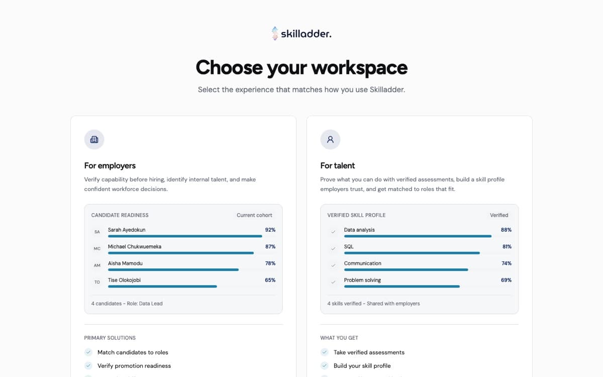 Skilladder Assessment Platform product interface